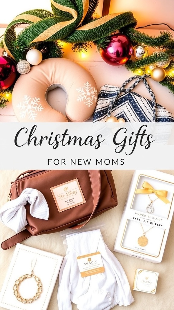 A Christmas wishlist for new moms with various thoughtful gifts displayed in a cozy, festive setting.